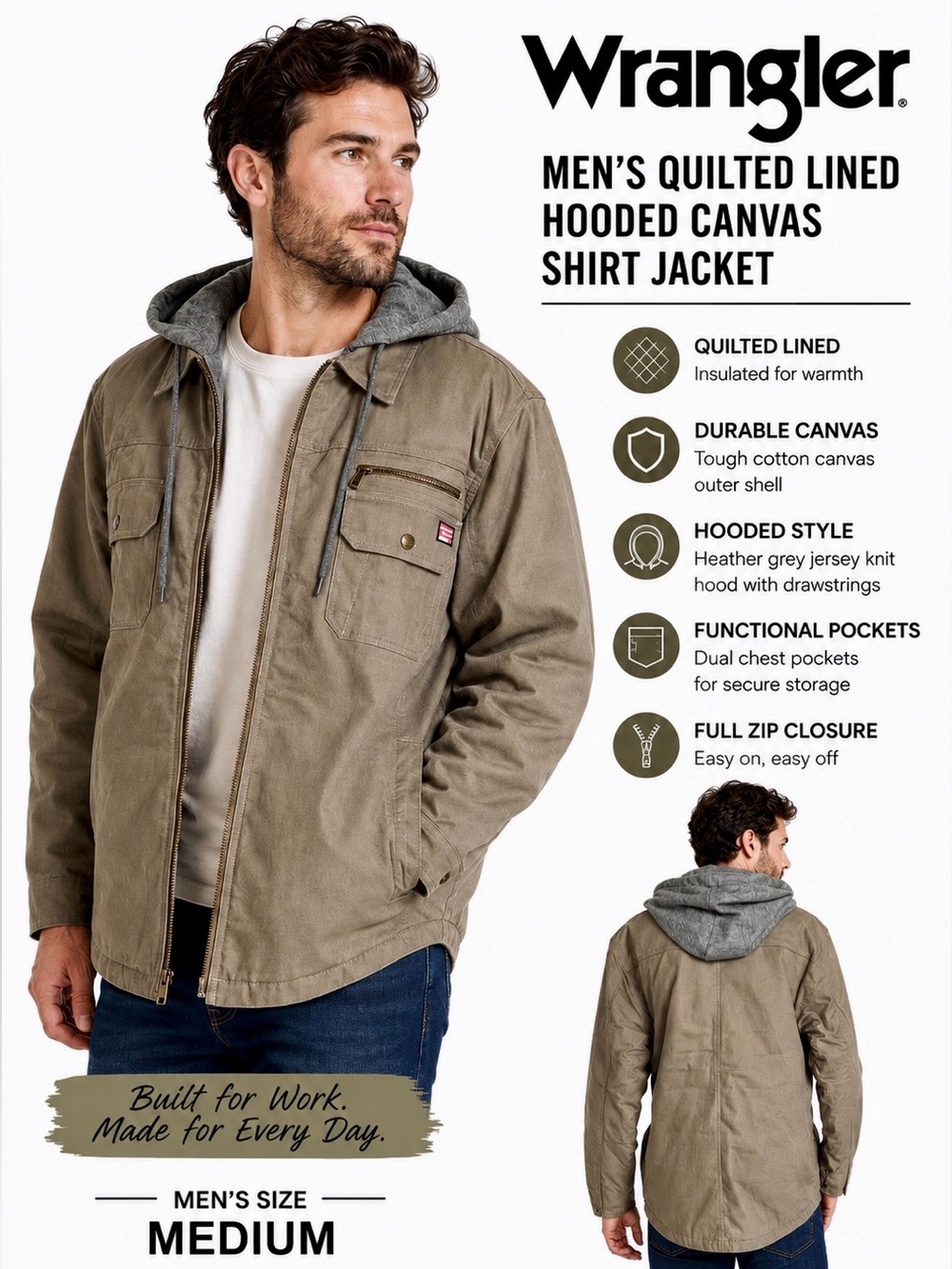 Wrangler Workwear Quilted Hooded Canvas Chore Jacket Med Utility Style
